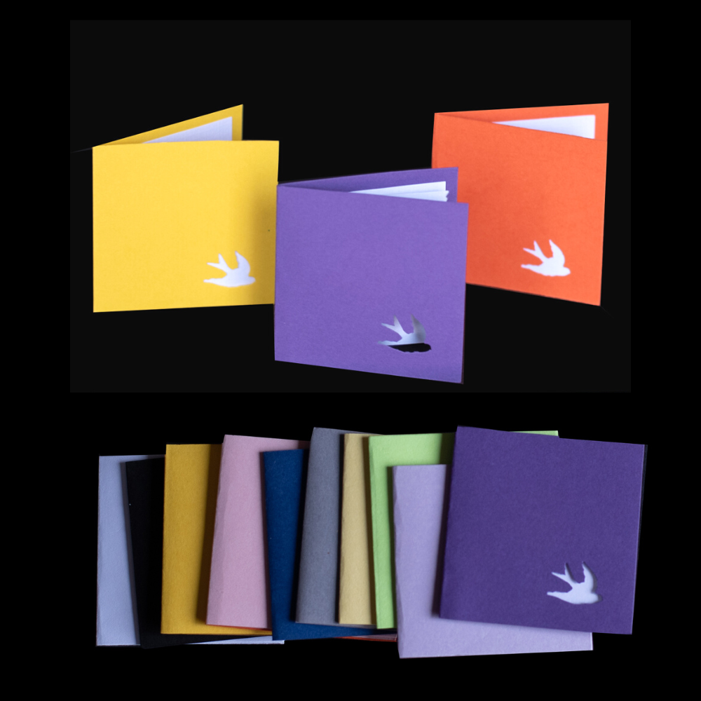 image shows several small notecards in yellow, purple, orange, blue, and green with a flying bird cutout in the bottom right