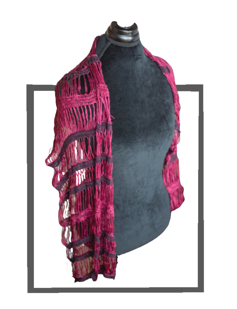 TUF Collages-4-4 The photo shows an image of a bright burgundy Blue moon Fiber Arts Silk Thread II and Art Yarns black cherry silk essence dark red silk wrap in broomstick lace arranged on a mannequin. with a gray gingham background.