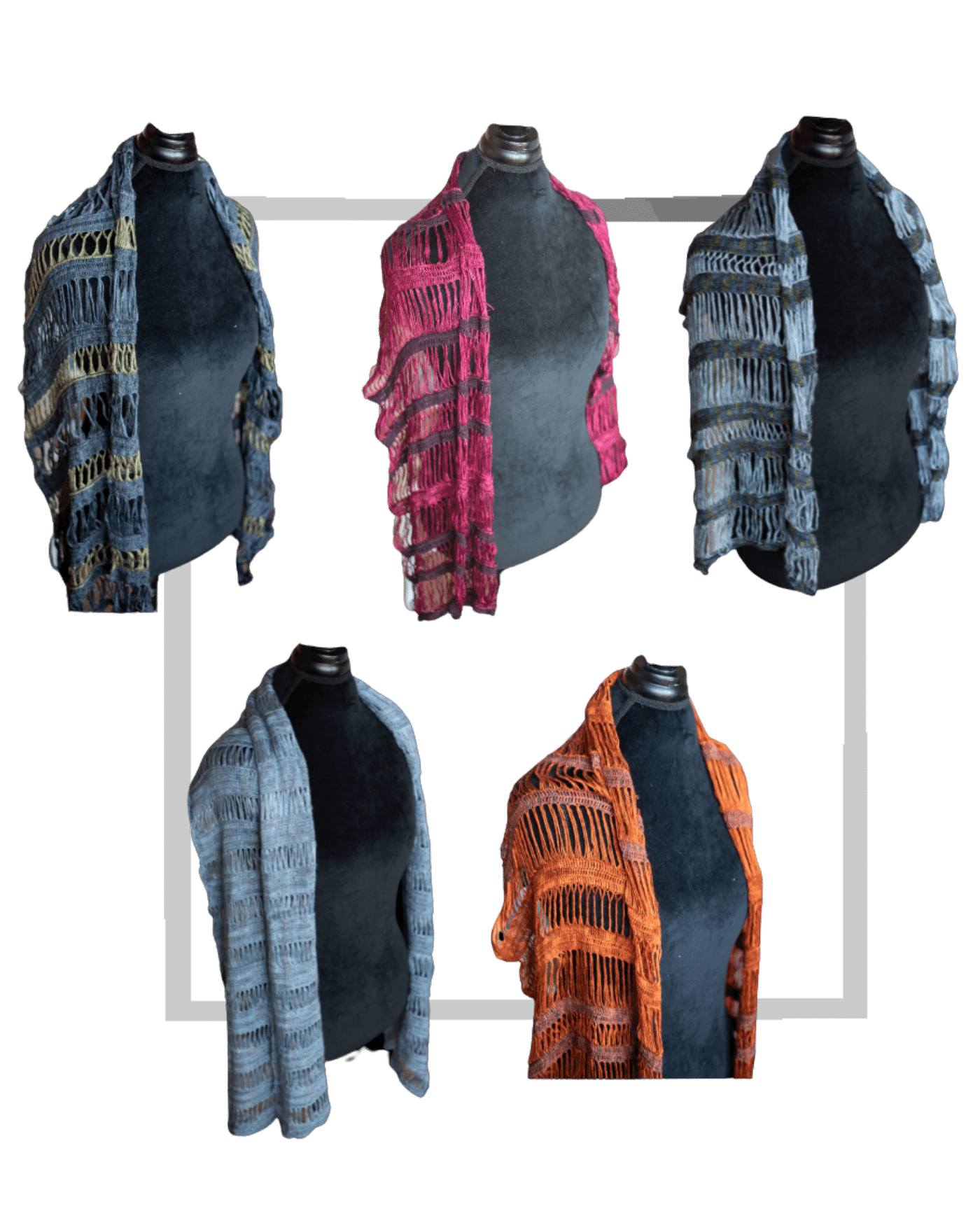 Photo shows five different images of silk broomstick lace wraps arranged on a mannequin against a gray gingham background.