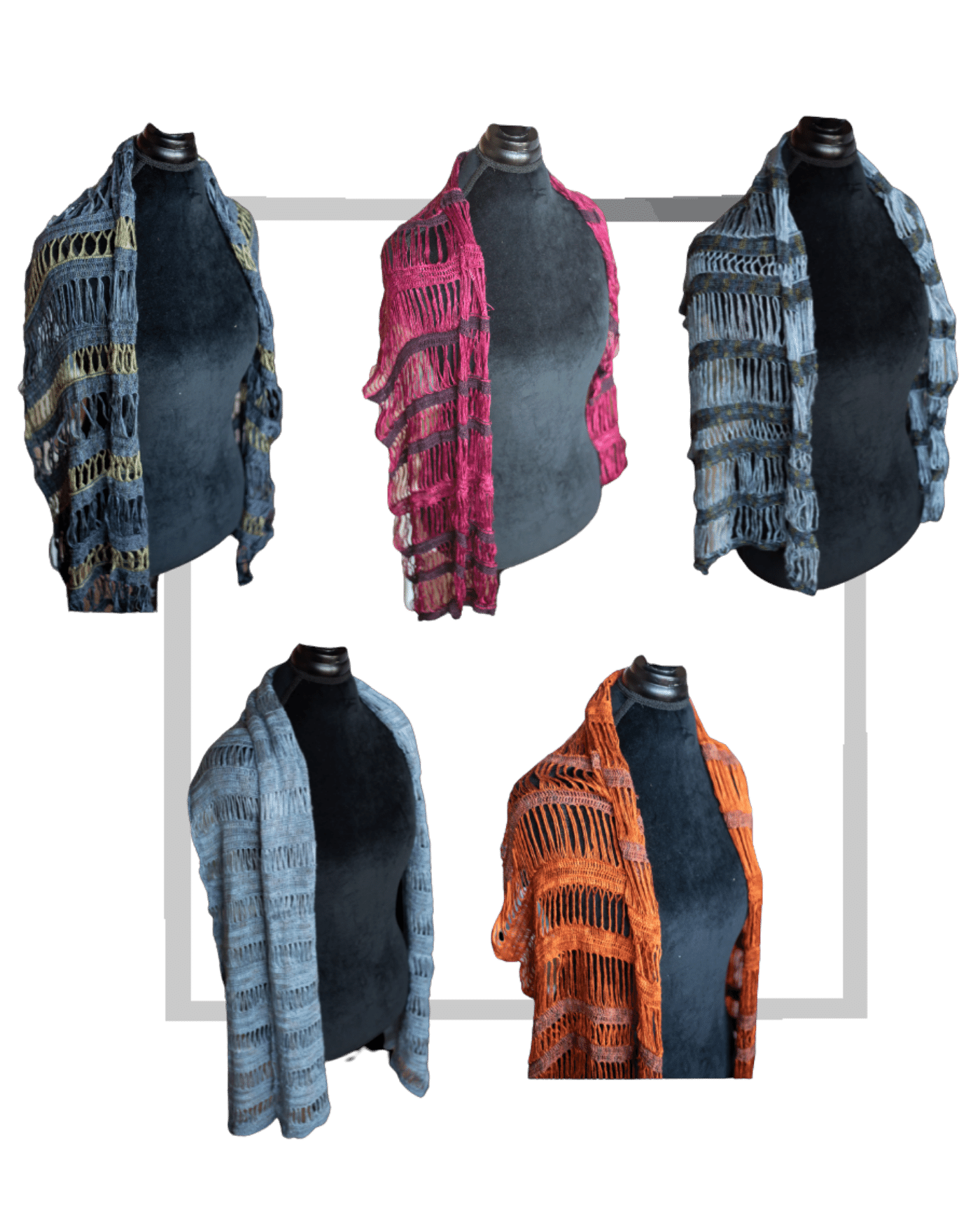 SEWING ROOM. Photo shows five different images of silk broomstick lace wraps arranged on a mannequin against a gray gingham background.