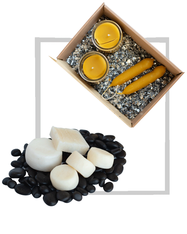 TUF-Collages-5 The photo shows four candles arranged in a cardboard box with decorative glitter and five bars of soap arranged on decorative black stones.