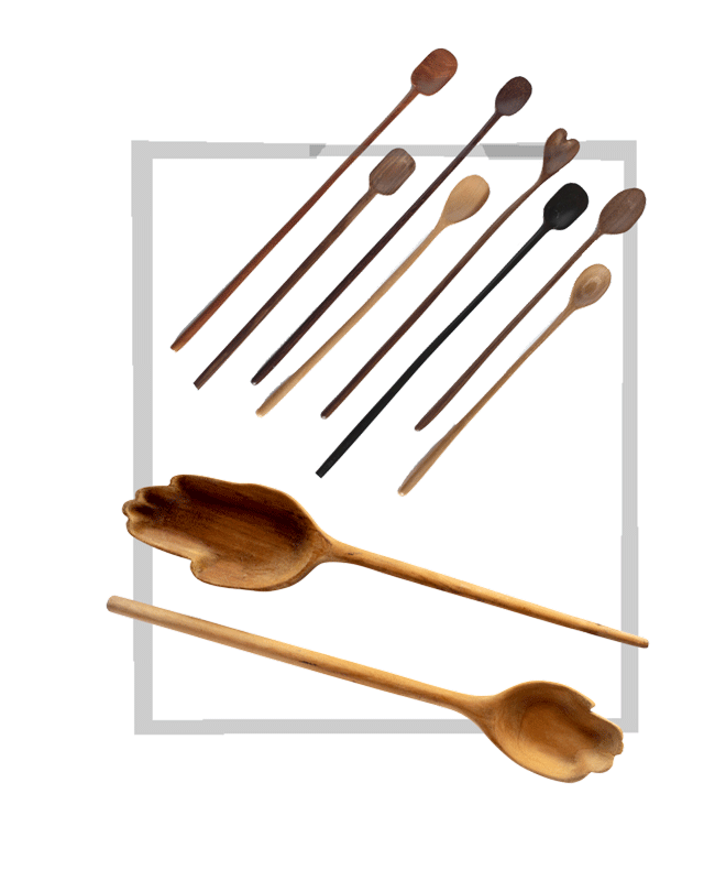 The photo shows five long and three short teaspoon size wooden spoons hand polished to a brilliant sheen and two larger spoons, the bowls of which are cut into a small child's hand and an infant's hand (the hands of my children at 30 months and 5 months old.