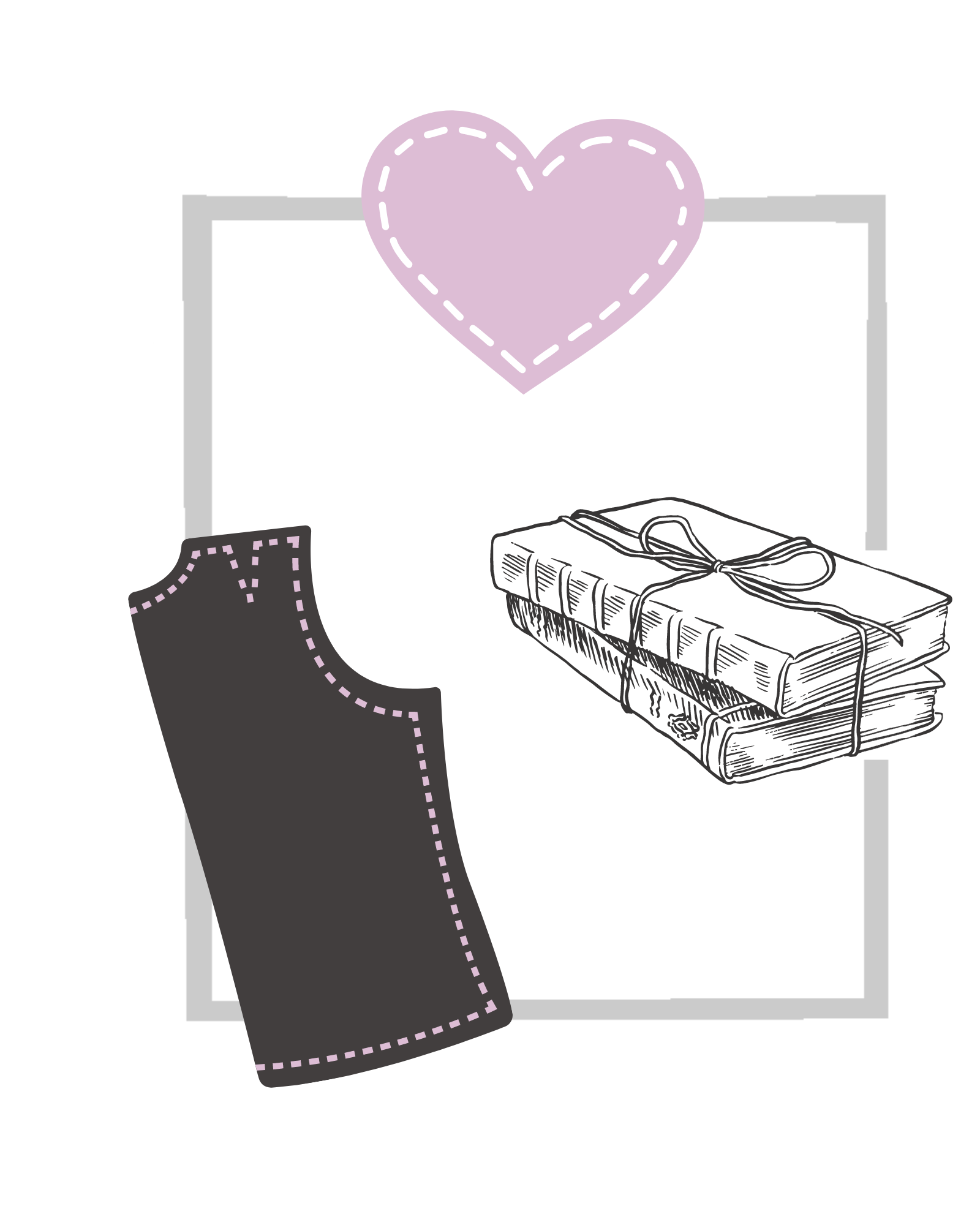 Graph shows a heart image, two books tied together with string and a sewing pattern piece for a front vest panel.