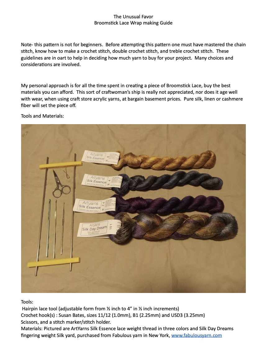 Photo shows hairpin lace crochet tool, three size crochet hooks a small pair of scissors and four skeins of silk yarn, three in lace weight of solid color gold, scarab blue and wild berry purple, and a skein of fingering weight in the ArtYarns vbrand hand painted inspirations colorway "Sunset"